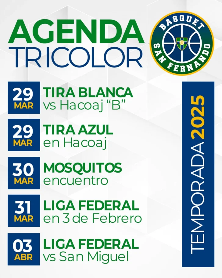 Agenda tricolor: Tira Azul, Tira Blanca, Mosquitos y Liga Federal 29 de Marzo al 03 de Abril de 2025